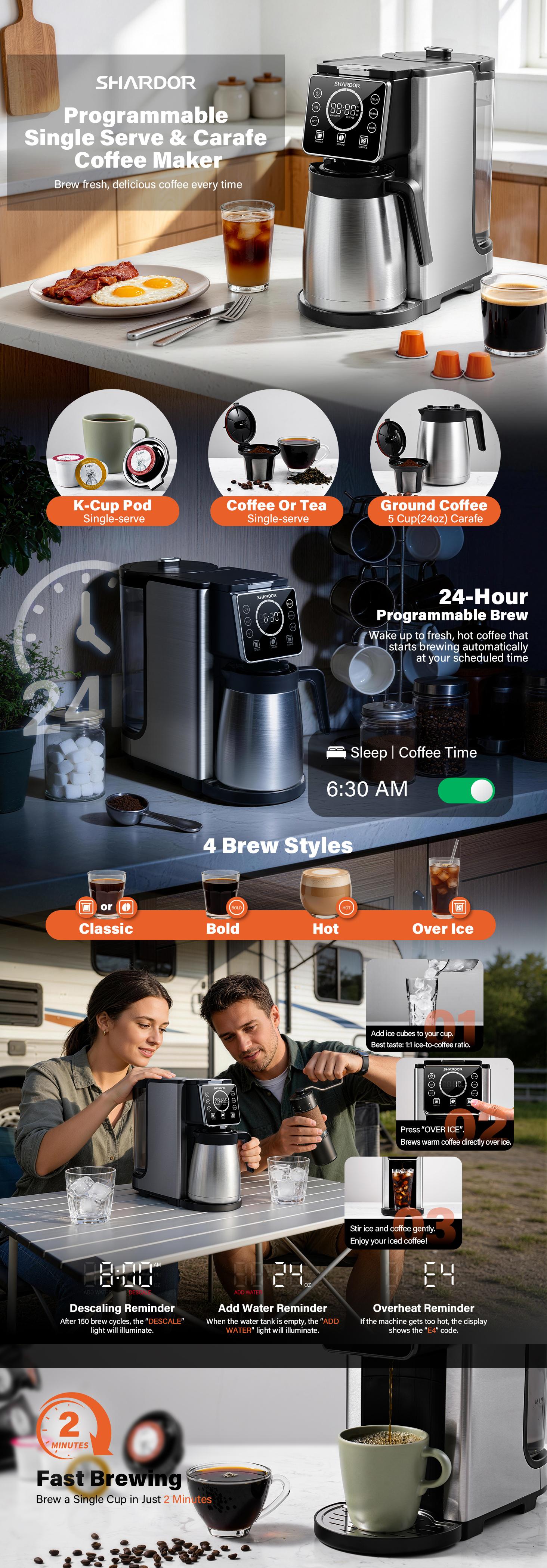 Programmable 5 Cup Drip Coffee Maker, Single Serve Hot & Iced Coffee Machine for K Cup & Grounds, 95oz Removable Reservoir, 6–24oz Brew Size, Strong Brew, Stainless Steel Thermal Carafe, Black