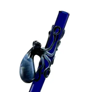Octopus Glass Straw - Stylish Reusable Hand Blown 9" Cobalt Blue with Flamework Fade to Black Octopi Drinkware Eco-Friendly & Biodegradable Alternative to Plastic Straws