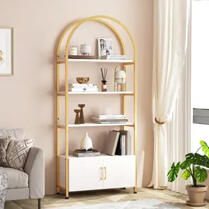 Arched Bookshelf, Bookcase with Doors Storage, 71.5 Inches Tall Industrial Book Shelf with Sturdy Metal Frame and Quality Boards, Freestanding Display Shelving (Gold)