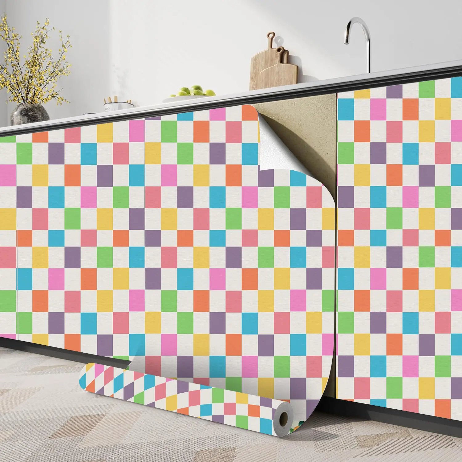 Colorful Plaid Pattern Decorative Stickers, Removable Wallpaper Roll, Self Adhesive Wallpaper, Easy Peel & Stick Wall Decals, Peel and Stick Wallpaper Designs for Home Decoration, Checkered Wallpaper, Sticky Wallpaper Peel and Stick