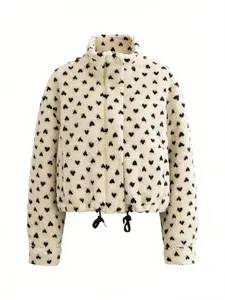 Women's Warm Heart Print Loose Stand Collar Long Sleeve Hidden Zipper Pocket Adjustable Hem Casual Commuter Coat Jacket