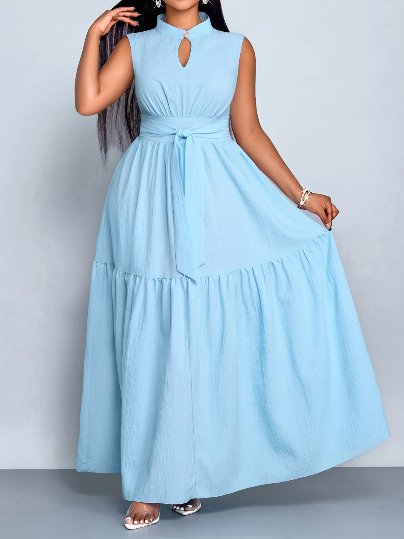 Elegant Solid Color Maxi Dress for Plus Size Women, Long Dress with Stand  Collar and Waist Belt, All Seasons Fitted Chic Style, Summer Casual Wear -  TikTok Shop