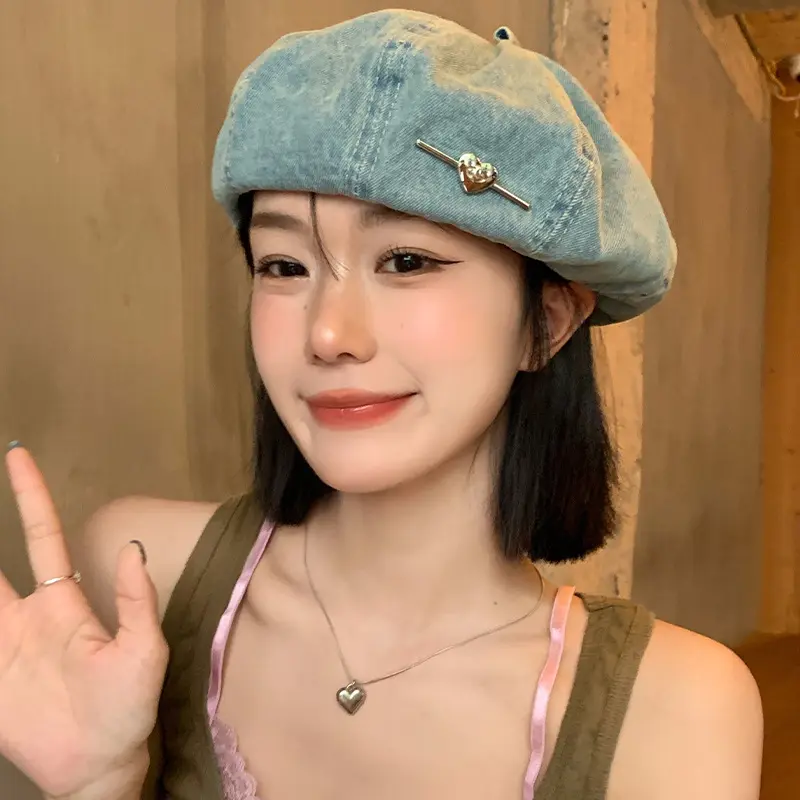 Washed Denim Octagonal Beret for Women, Lightweight & Breathable Painter's Cap, Adjustable Face-Slimming Fashion Hat, Adjustable Hat, Fashion Matching Hat