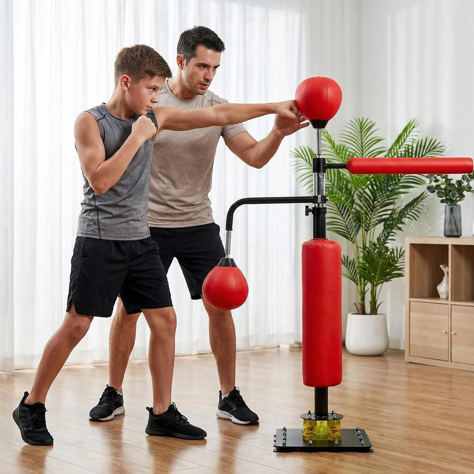 3-in-1 Adjustable Boxing Punching Bag Stand Only, Freestanding Trainer with Speed Ball and Rotating Reaction Bar, Heavy-Duty Steel Suction Base, Portable Design for Home Gym, Kids and Adults