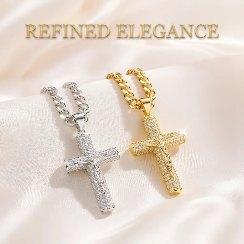 14k Gold&Silver-Plated Jesus Crucifix Necklace Features advanced nano-technology oxidation-resistant Cuban-style Figaro chain Pair with crucifix pendant 24-inch length Christian religious jewelry gift