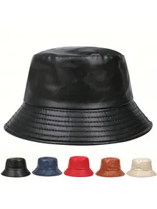 Unisex PU Leather Solar Bucket Hat, Casual Asymmetrical Design, Outdoor Sun Protection, Suitable for Spring & Fall Travel Beach Vacation