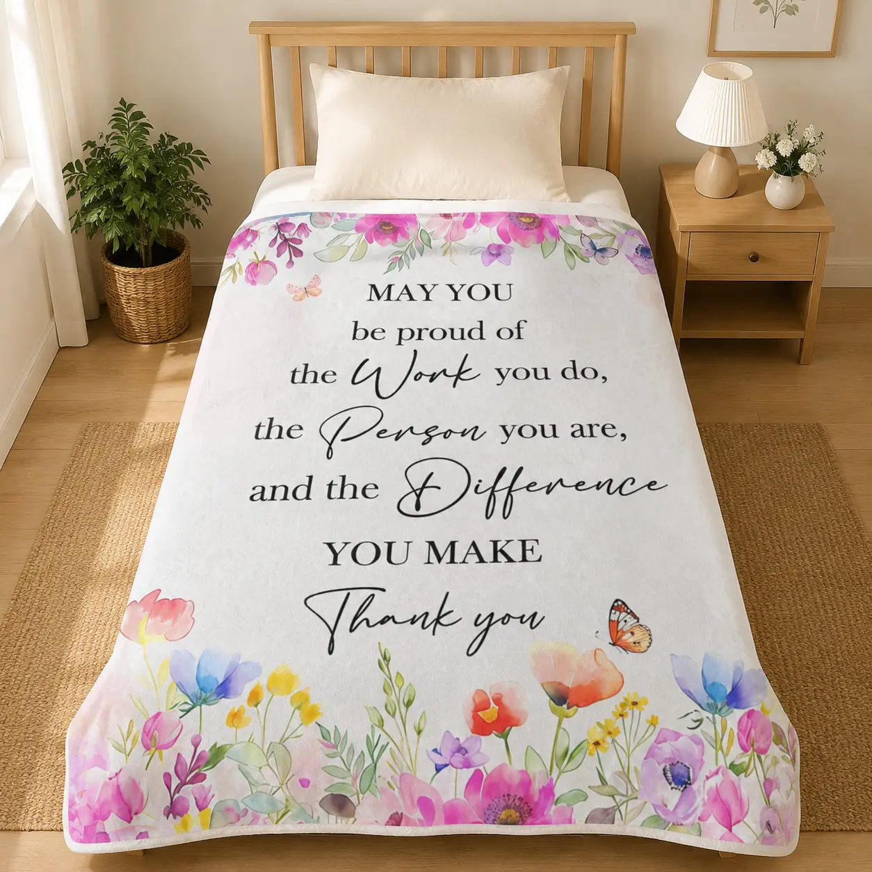 Floral Inspirational Blanket, Thank You Gift for Special People, Soft Cozy Throw Blanket for Home Decor, Beautiful Flower Butterfly Design for Bedroom Living Room