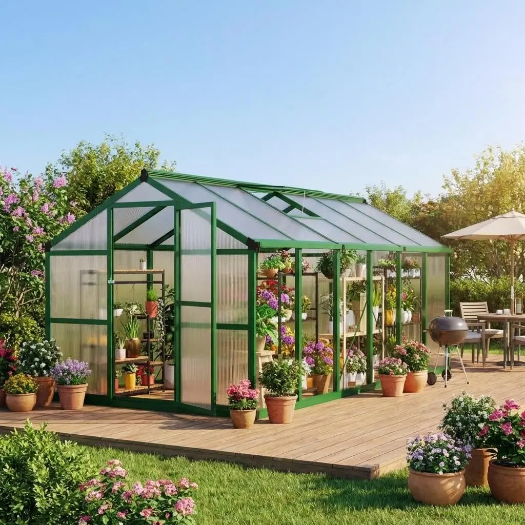 Garvee 8x12 FT Rectangle Weather Resistant Polycarbonate Walk-in Greenhouse, Heavy-Duty Aluminium Outdoor Unit with Roof Vent, Lockable Outward-Opening Swing Door, Assembly Required for Backyard, Patio, 110Lb, Tool‑Free Snaps