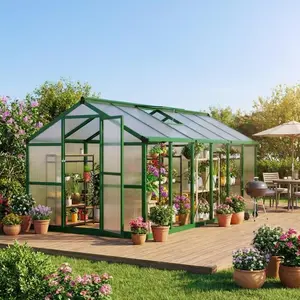 Garvee 8x12 FT Greenhouse, Polycarbonate Walk-in Greenhouse for Outdoors with Roof Vent & Lockable Outward-Opening Swing Door, Heavy-Duty Aluminum Green House for Garden, Backyard, Patio, Lawn, Deep Green