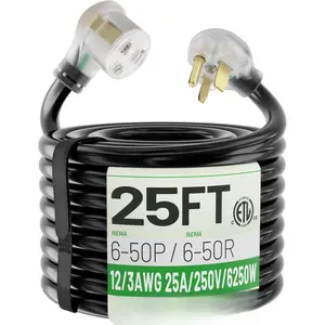 25ft Welder Extension Cord Outdoor with LED , 12 Gauge NEMA 6-50 Heavy Duty Welding Cord 3 Prong, 250V 12AWG SJTW Black, ETL