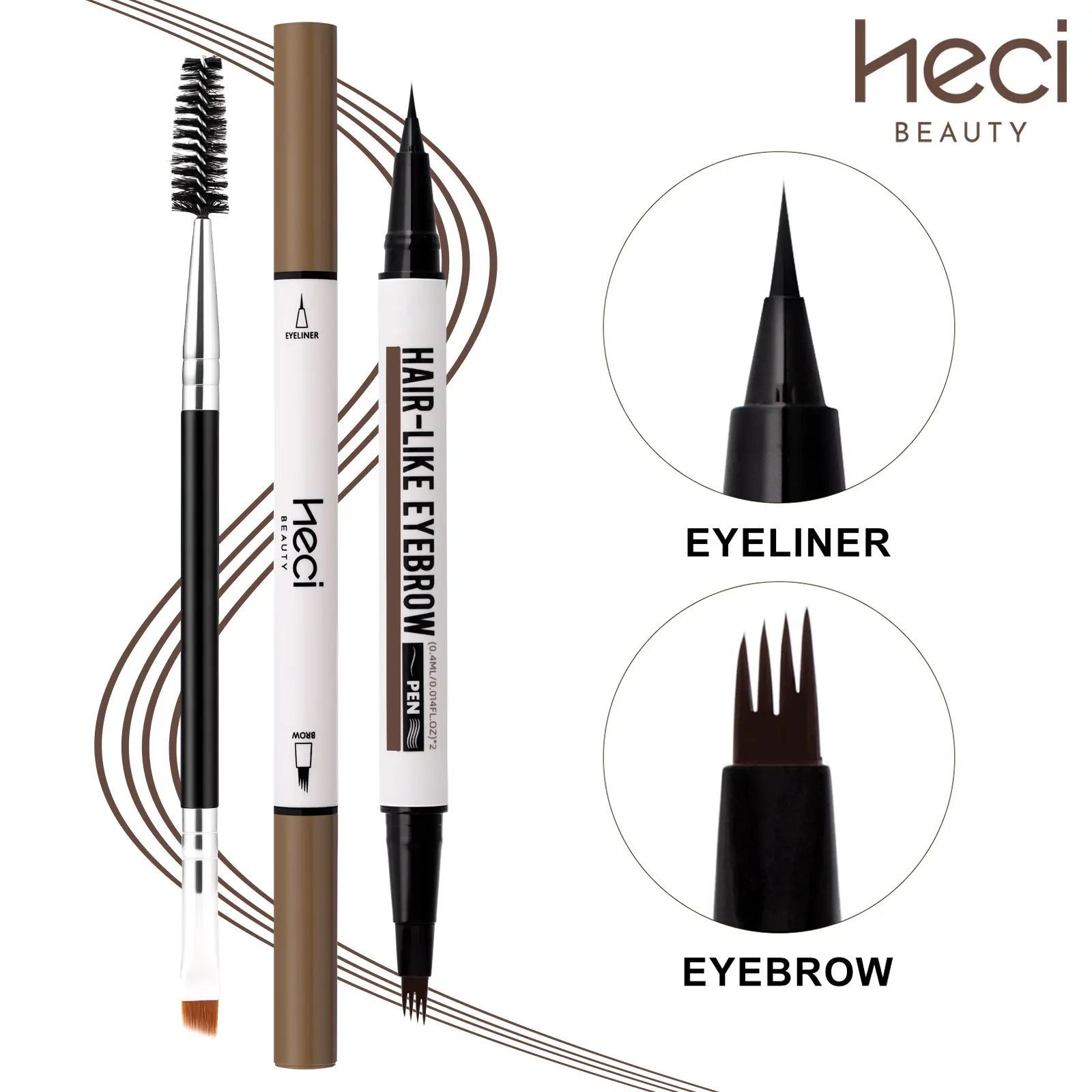 HECI BEAUTY Duo Eyebrow & Eyeliner Pen - Micro-Fork Tip for Natural Hair-like Strokes, Smudge-Proof, Quick-Drying & Long-Lasting Eye Makeup, Eye Makeup Products, Single Item