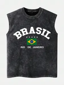 Men's Cotton Vest, Brazil Flag Pattern, Vintage, Loose Fit Wide Shoulder, Casual Commuter, Gift for Boyfriend and Husband, Unisex Couple Wear, Streetwear Tank Vest