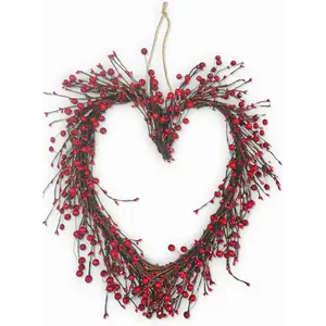 4E's Novelty 15” Heart Grapevine Wreath – Rustic Valentine Door Wreath with Red Berries