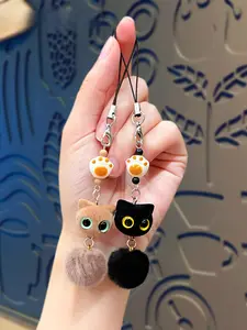 Flocked big-eyed black cat cartoon phone chain pendant, exquisite and cute beaded bag keychain pendant, children's gift