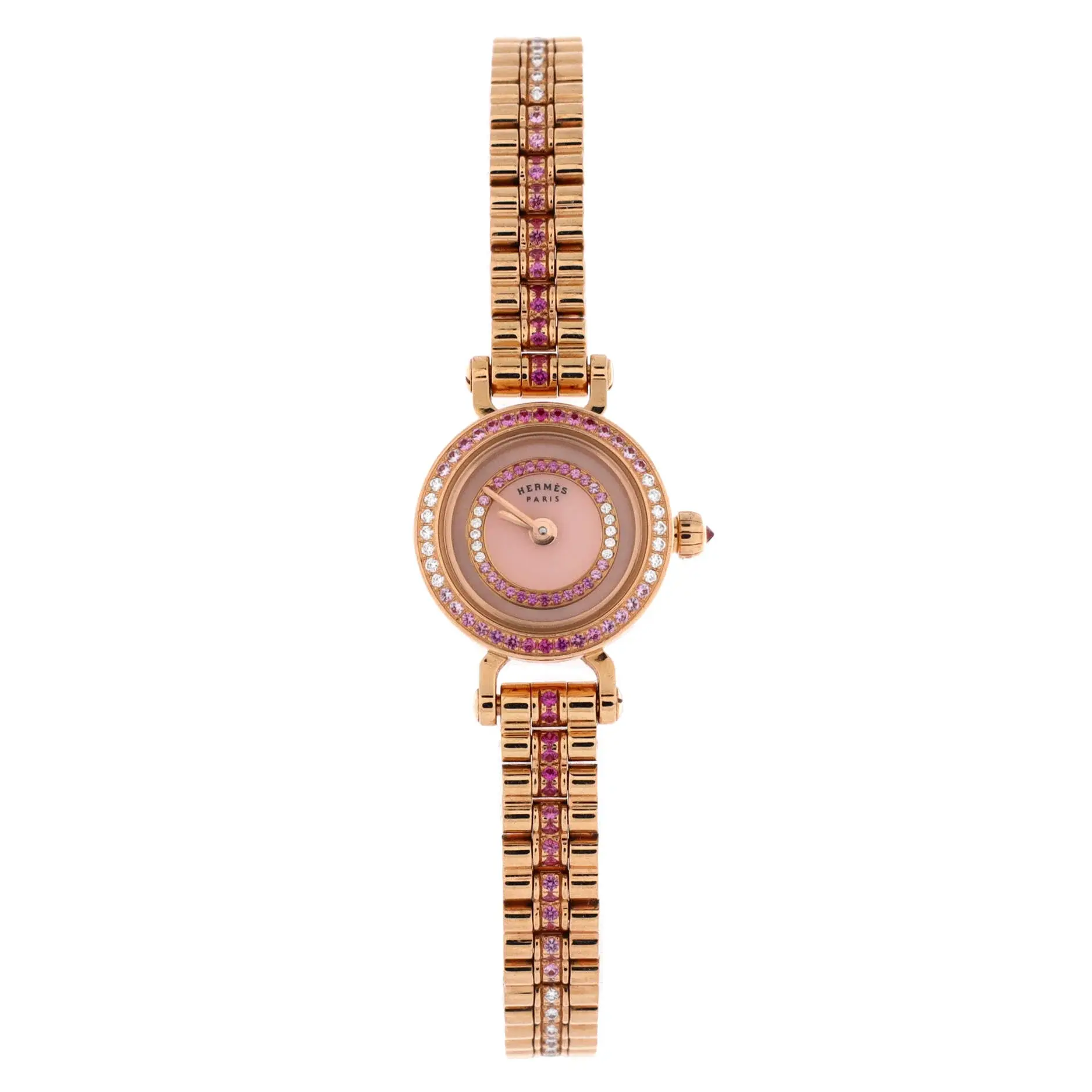 Pre-owned Hermes Faubourg Quartz Watch Rose Gold with Diamond and Pink Sapphire Bezel, Dial and Bracelet 16 by Rebag