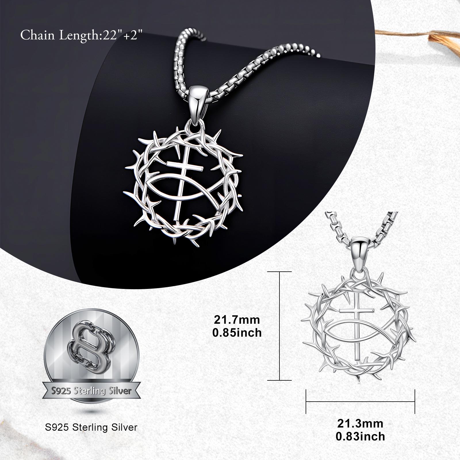 MEIDERBO Dream Chaser Crown of Thorns Necklace for Men 925 Sterling Silver Oxidized Cross Pendant Stainless Steel Chain 22+2 Inch Adjustable Christian Jewelry