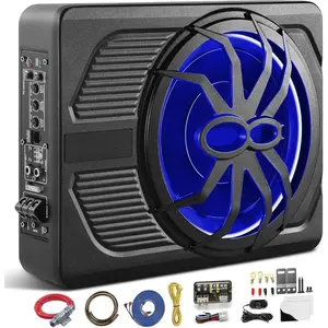 FT-800 Upgraded Car Subwoofer Combo 10-Inch Speaker 800W RMS with LED Ambience Lights Built-in Amplifier for Cars Trucks Family Party Music