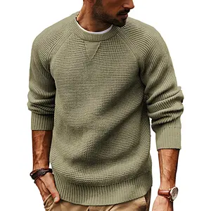 Mens Crewneck Sweater Waffle Knitted Pullover Sweaters Raglan Sleeve Knitwear Sweaters