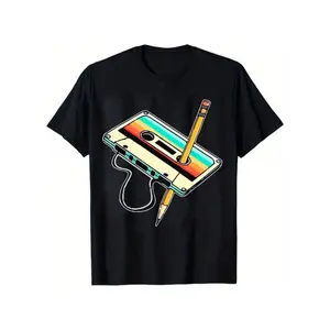 nice en's Retro Cassette Tape & Pencil Graphic Cotton T-Shirt - Black Short-Sleeve Crewneck with Vibrant 80s Design