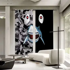 2 pieces, black and white shark print semi transparent curtains, multi scene polyester stick pocket decorative curtains, used for living room, gaming room, bedroom home decoration, party supplies