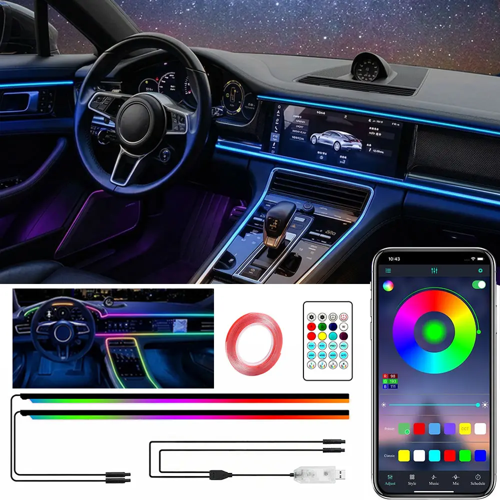 Ceesooi USB Car LED Lights Interior, Smart App Controlled RGB Color Changing Neon Lights — 110cm+110cm Music Sync Under Dash Lighting, Car Charger Included