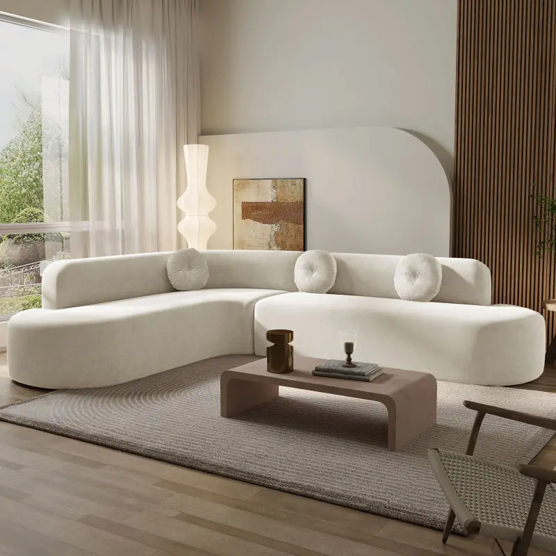 Mirod 122'' Extra Large Sectional Sofa Soft Fabric Upholstery, Elegant Curved Design with Three Round Cushions , High-Resilience Foam for Ultimate Comfort