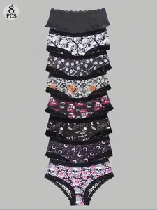 Morvia 8/12/14pcs Sexy Cute Gothic Halloween Contrast Lace Hipster Panties, Allover Print Comfy Intimates Briefs Panties, Women's Underwear & Lingerie, Floral Print Panty