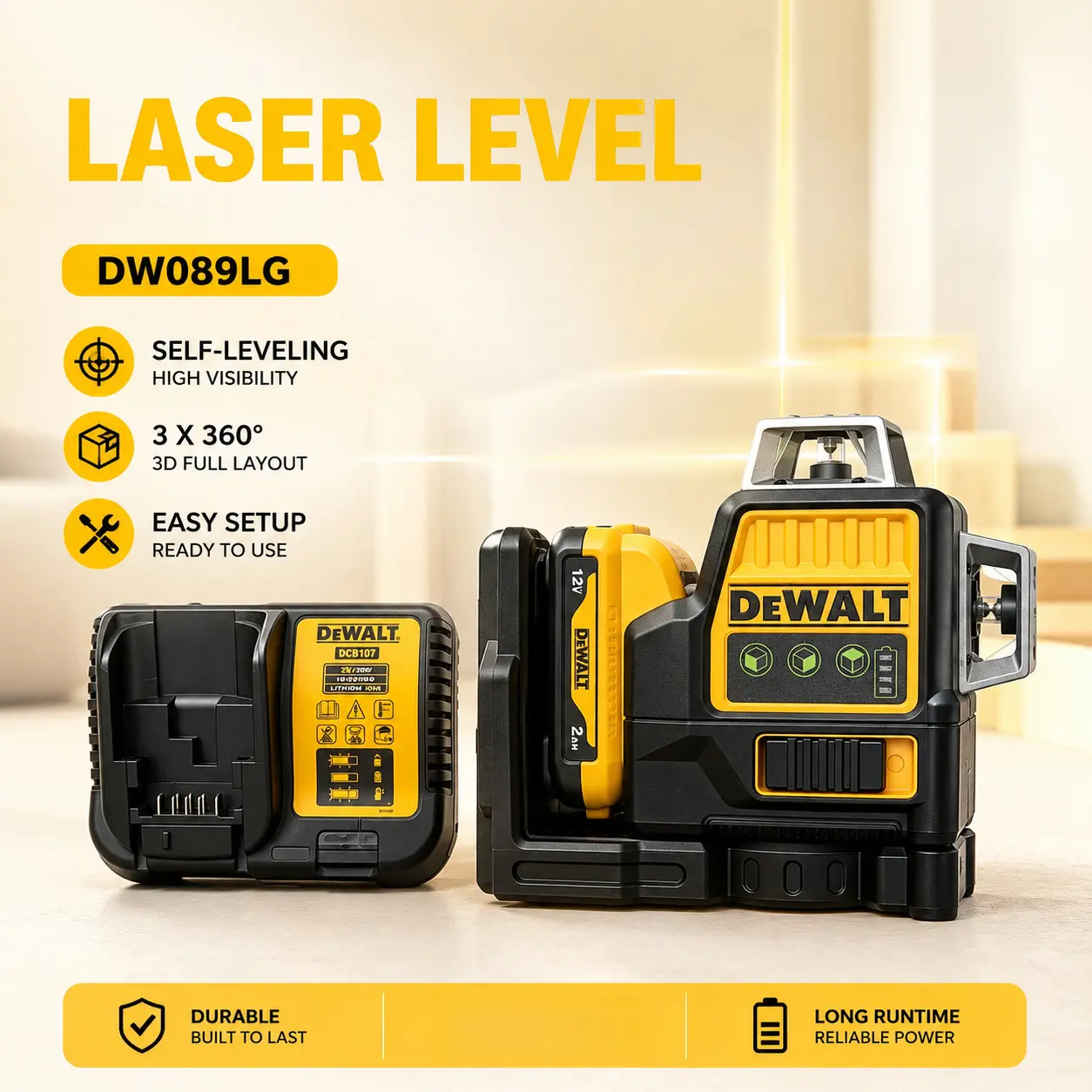 DEWALT DW089LG 12V Green Laser Level, ±4° Self Leveling Range, ±3mm@10m High Precision Green Beam Laser for Construction & Home Renovation Layout