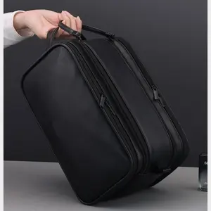 Toiletry Bag w/Handles for Men, Hygiene Organizer, Travel Dopp Kit, Mens Toiletries Organizer Case, Bathroom, Shaving, Cosmetic Storage, Travel & Grooming Essentials, PU Leather Water Resistant Cosmetic Bag Pouch