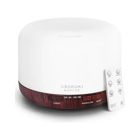 ASAKUKI 500ml Plastic Round Cooling Mist Aromatherapy Machine - Room Gadgets, Quiet Fan, Timer, Sleep Aid, Humidifier, Air Purifier, Room Decor, Auto-Off, LED Light, Gift Box, Stable, Calm Desk, Ideal for Sleeping in Office/Bedroom, Reddish-Brown