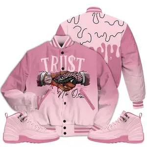 12 Pearl Pink Varsity Jacket, Pearl Pink 12s Letterman Jackets, Snake Trust No One T-Shirt To Match Sneaker Outfit Casual Fabric Knit Womenswear