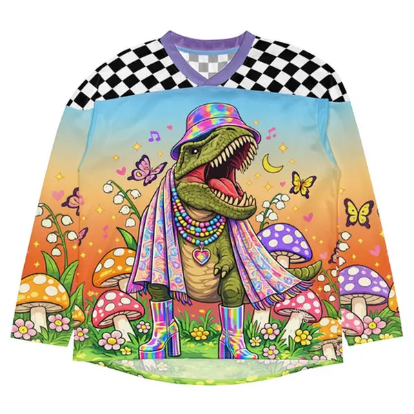 Dinosaur Rave Jersey – Trippy Colorful Cosmic Disco Hockey Shirt