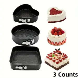 3 Counts Baking Set, Carbon Steel Cake Tray with Detachable Base, Heart-Shaped & Circular Molds, Creative Cooking Kitchen Supplies
