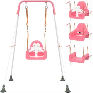 【New Upgraded】3-in-1 Toddler Swing Set, Baby Swing with Safety Belt, Indoor/Outdoor, Easy to Assemble Kids Swing Seat with Sturdy Metal Stand for Playground, Backyard and Nursery, Anti-Slip Crocodile Feet Cover, Pink White