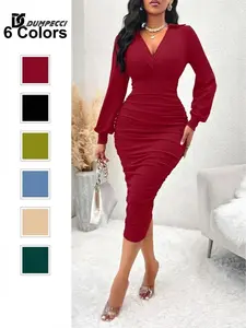 DC DUMPECCI Womens Sexy Long Sleeve V Neck Ruched Bodycon Mini Dress Cocktail Pencil Dress for 2026 Elegant Versatile Style  Casual, Chic, Elegant, Womenswear, Statement, Style, Summer