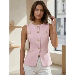 Mina Self 2026 Summer Women's Sleeveless Tweed Vest Tops - Fitted Trendy Fully-Lined Work Casual Outerwear with Pockets