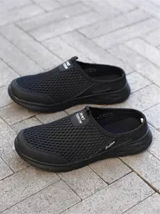 Plus Size Men's All-Black Mesh Mule Casual Shoes, Breathable Comfort Style, Hollowed Mesh + Mule Slip-On Design + Soft Non-Slip Sole, Breathable & Refreshing, Plus Size Friendly , Ideal for Plus Size Men's Daily Leisure & Light Outings