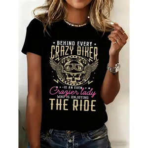 Womens Cotton Short Sleeve Graphic Tee Crazy Biker Lady Skull Helmet Motorcycle Rider Shirt Vintage Gothic Streetwear Casual Everyday Summer Top