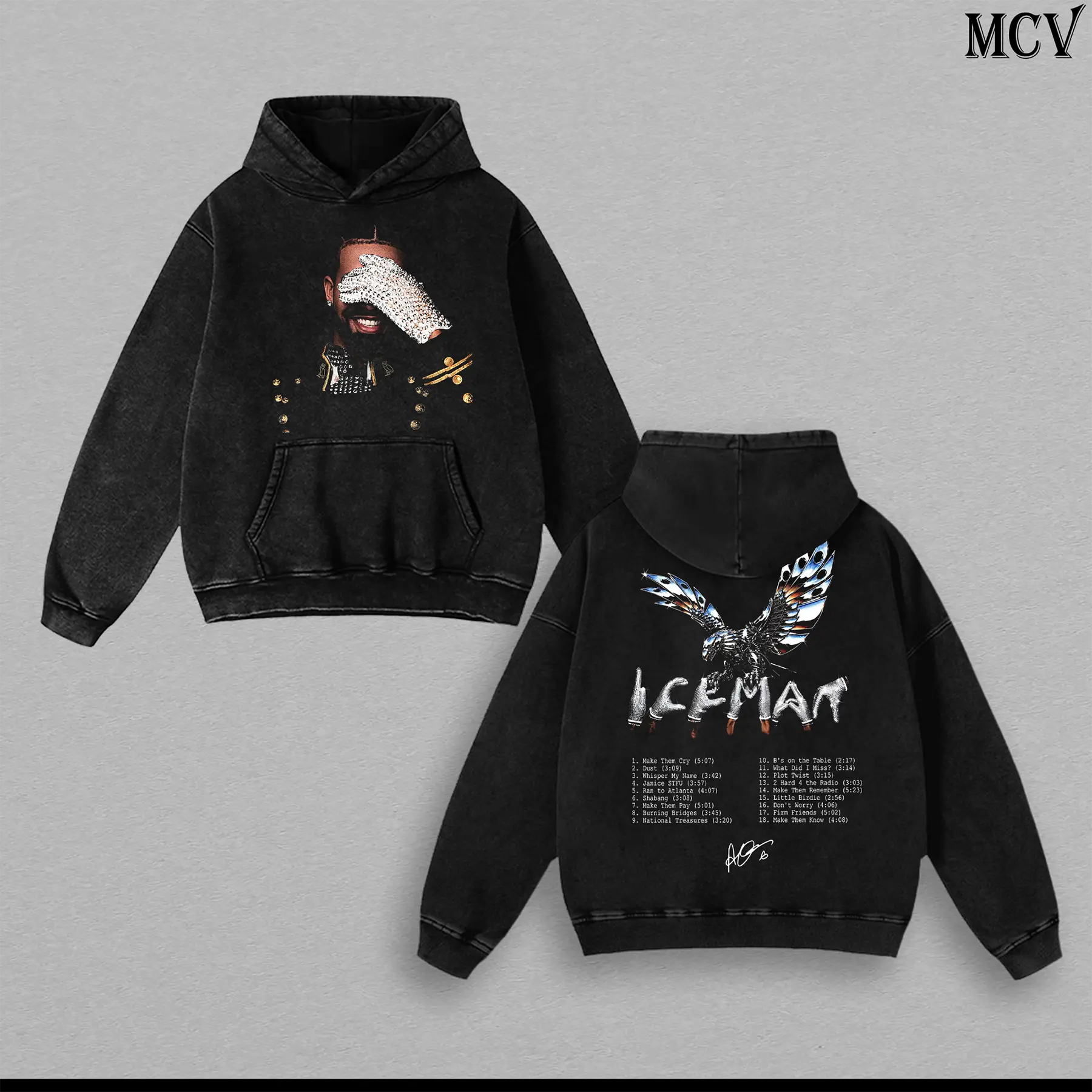 Vintage Drake Iceman Album Graphic Washed Tee/Hoodie, Retro Drizzy Frozen Bird Tracklist Cotton T-Shirt, Two Sided Oversized Washed Streetwear Shirt, Y2K Hip Hop Rap Fan Gift Tee for Men Women and Music Collectors
