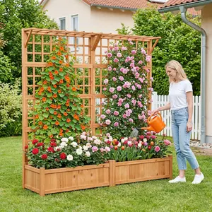 Garden Bed with Trellis, Wood Planter Container with Hanging Roof  Garden Boxes, Outdoor Planter Box with Drainage Holes