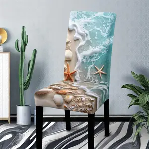 JIT marine-themed printed polyester chair covers feature a blue-green gradient background paired with shell and starfish patterns, presenting a fresh and natural style. Ideal for home decoration, they are soft and fit the chair body perfectly.