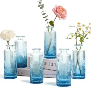 Set of 6 Gradient Grey Blue Glass Bud Vases – Vintage Mini Centerpieces for Home or Events Decor Bottle