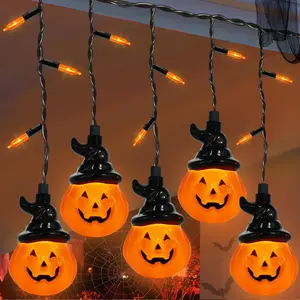 Halloween Decoration Curtain Lights with 10 Hat Jack O Lantern Pumpkins Curtain String Light, 7 Ft Lantern LED String Lights for Indoor Outdoor Patio Tree Holiday Fall Halloween Decor