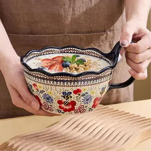 Handpainted Large Soup Bowl with Handle, 34oz Soup Bowls Microwave & Oven Safe, Polish Pottery Pasta Bowls Large Serving Bowl, Decorative Bowl for Soup, Stew, Cereal