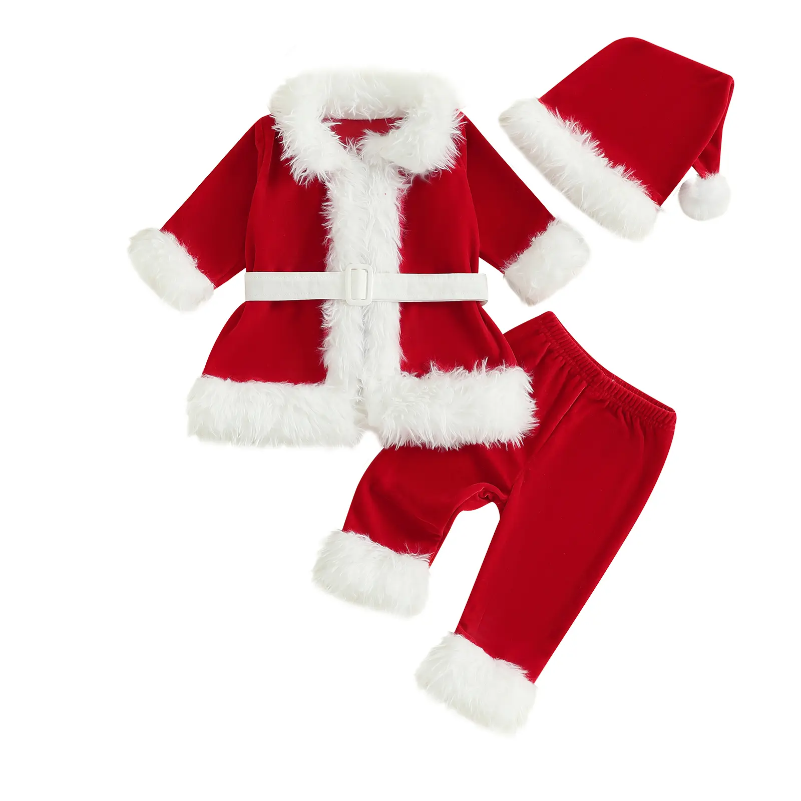 Babamoon Kids Girl Boy Santa Costume Christmas Long Sleeve Belted Jacket Pants Hat Set Cosplay Party Outfit Winter Clothes