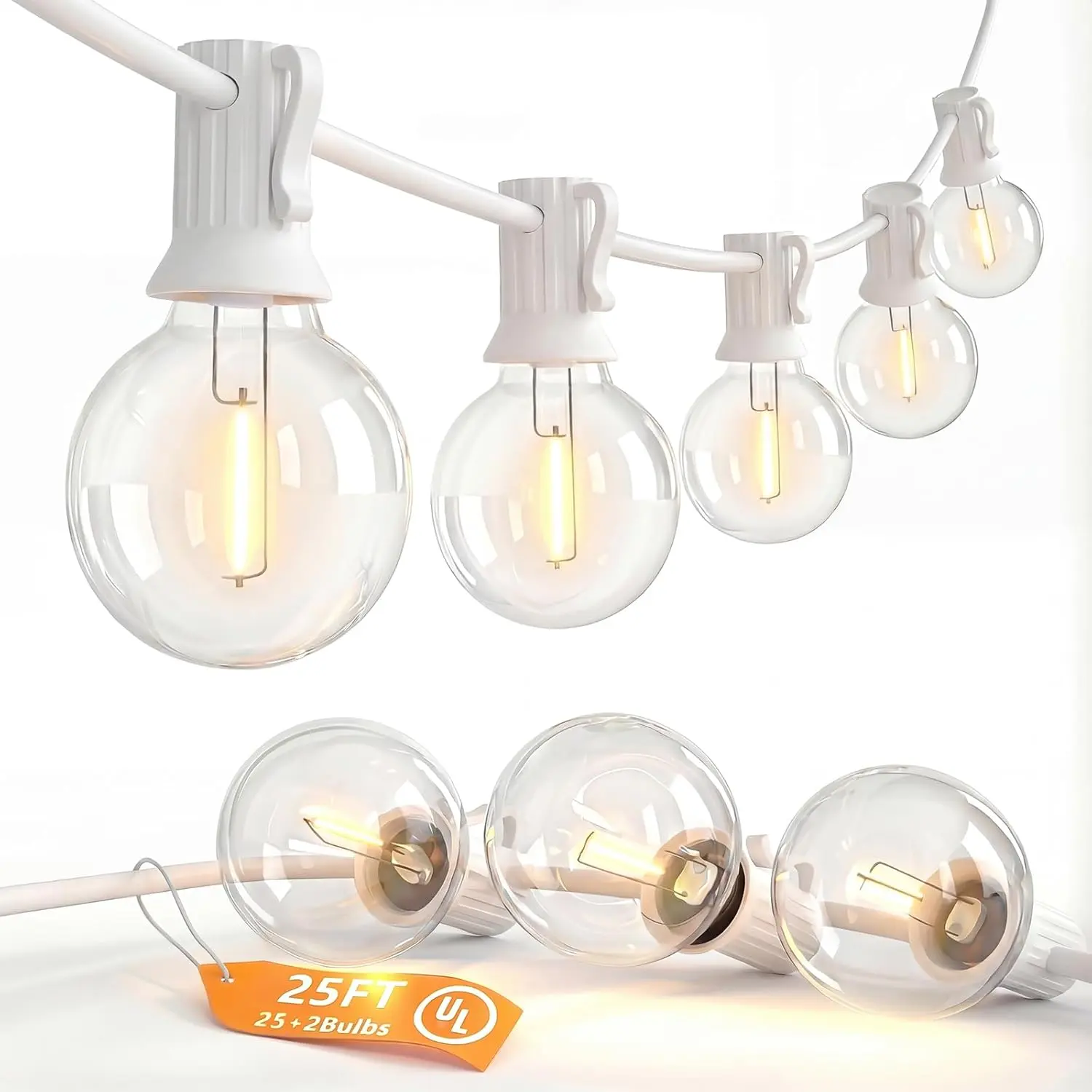 25FT G40 LED White Outdoor String Lights, White Patio Lights with 25 Shatterproof LED Clear Globe Bulbs for Patio Garden Porch Pergola Bistro Outside Decor
