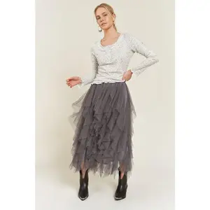 LAYERED POLKA DOT MESH LINED A-LINE MIDI SKIRT
