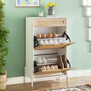 Rattan Shoe Cabinet Storage with 3 Drawers, Freestanding Shoe Organizer Wooden, Slim Shoe Rack Storage with 3-Tier Adjustable Shelves for Slippers,Sneakers,Heels,Boots for Entry, Hallway