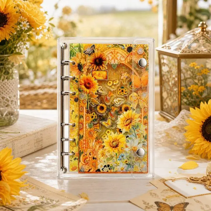 A6 Refillable Shaker Binder Notebook with Acrylic Panel, PVC Cover, Movable Shaker Details, Photo Sleeves, Sunflower Art - Binder Office Supplies for Everyday Notes, Page Replacement Journaling Tool (Gift-Ready Stationery)