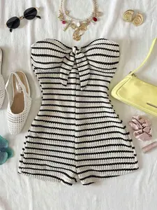 Swim Vcay Women's White Knit Texture Front Tie Halter Jumpsuit, Fitted, Suitable For Party, Date, Valentine's Day, Sexy Romantic